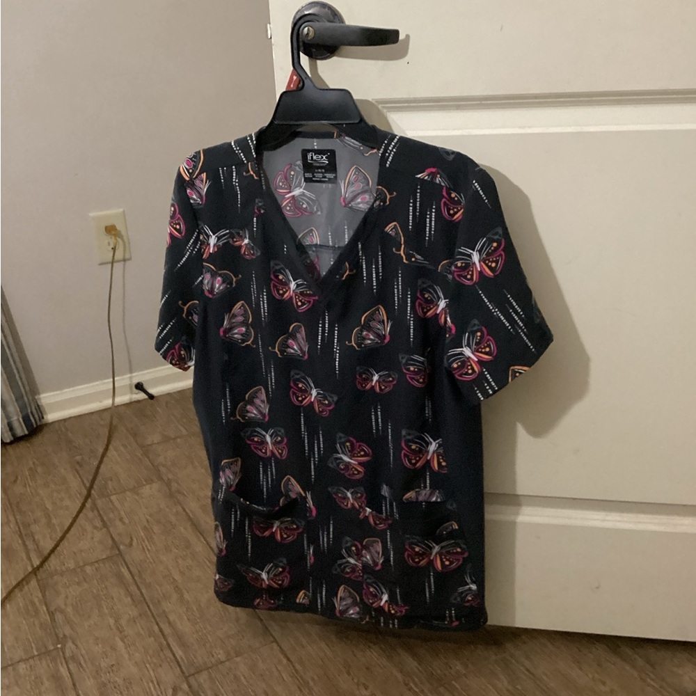Cherokee Black Butterfly Print Scrub Top